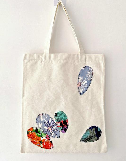 Art-inspired cotton tote with slow-stitched patchwork