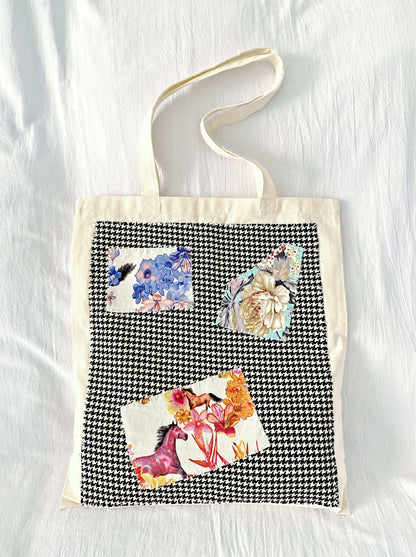artful patchwork tote made from natural materials