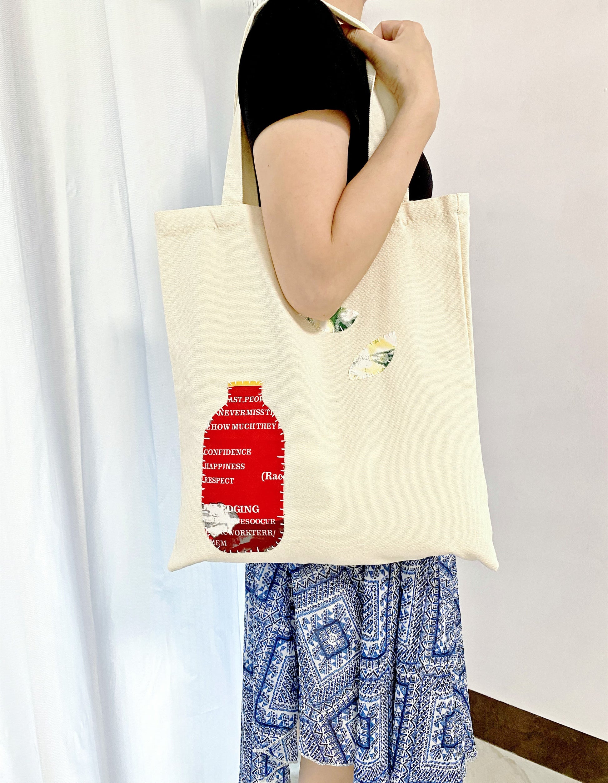 casual everyday tote with artistic handmade fabric accents