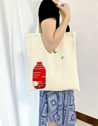casual everyday tote with artistic handmade fabric accents