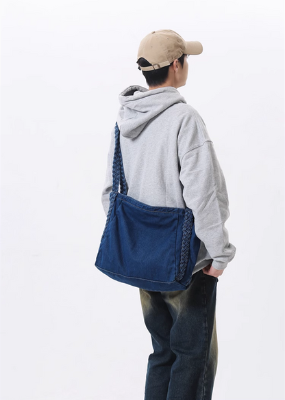 Large Capacity Unisex Denim Crossbody Bag For Crafting And Embroidery