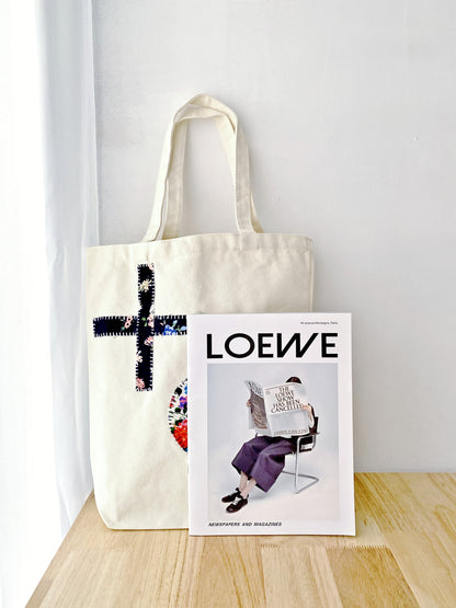 fashionable cotton canvas shoulder tote with modern artisan patchwork