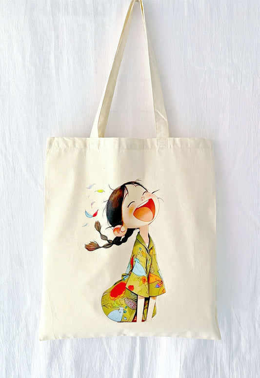 Cotton tote with cheerful girl hand-print