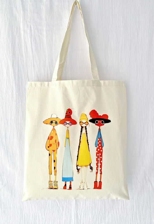 cotton tote bag with hand-printed girls design