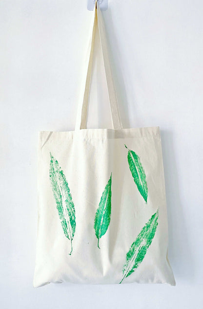 sustainable cotton tote with hand-printed leaves