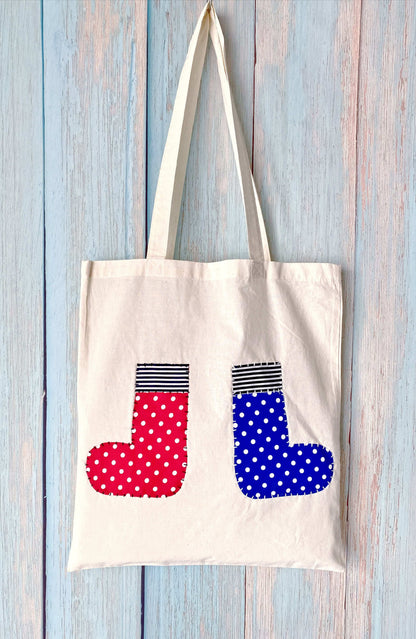 Sustainable fabric tote with artistic stitched patch design for women