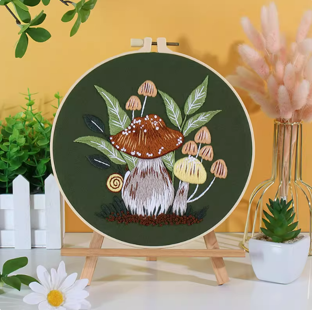 Green leaf and fungi hand embroidery
