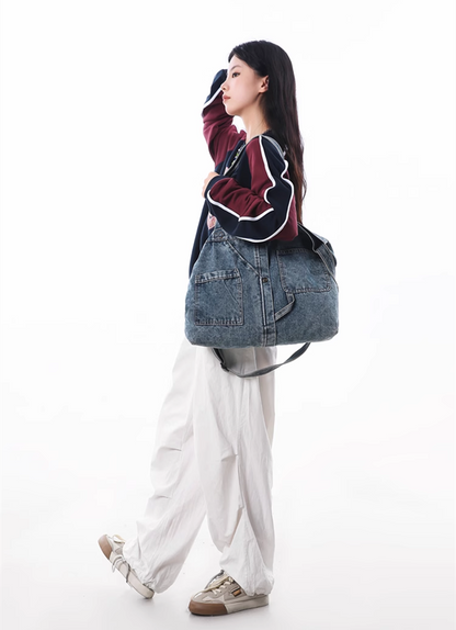 Eco-Friendly Denim Crossbody Tote for Men and Women with Patchwork Design