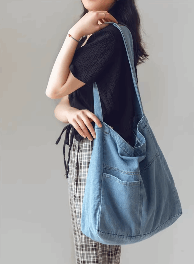 Large Capacity Women's Denim Shoulder Bag for Patchwork and Embroidery Projects