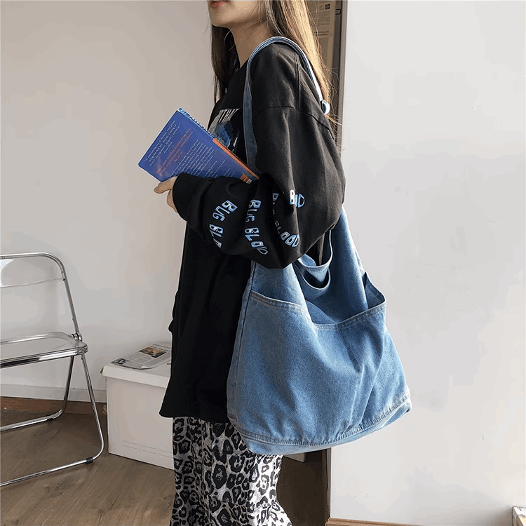 Large Capacity Patchwork Denim Crossbody Bag for Daily Use