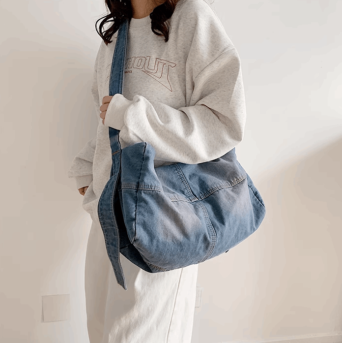 Large Capacity Denim Shoulder Bag for DIY Crafts and Embroidery