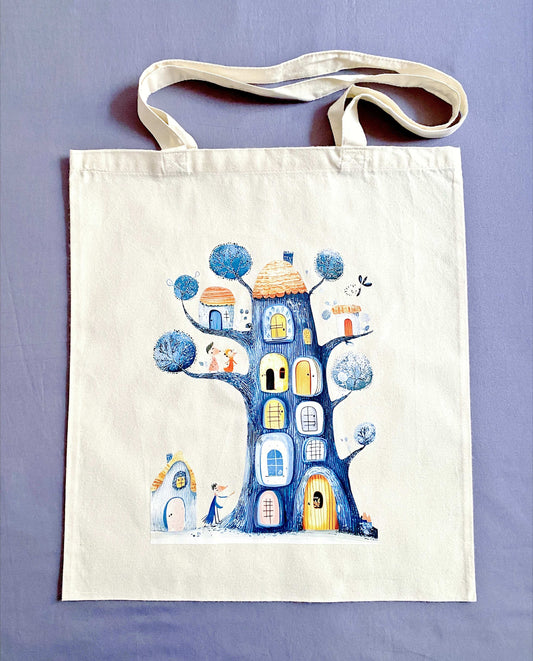 Sustainable fabric tote bag inspired by the Dream Treehouse theme, perfect for weekend outings and mindful lifestyles.