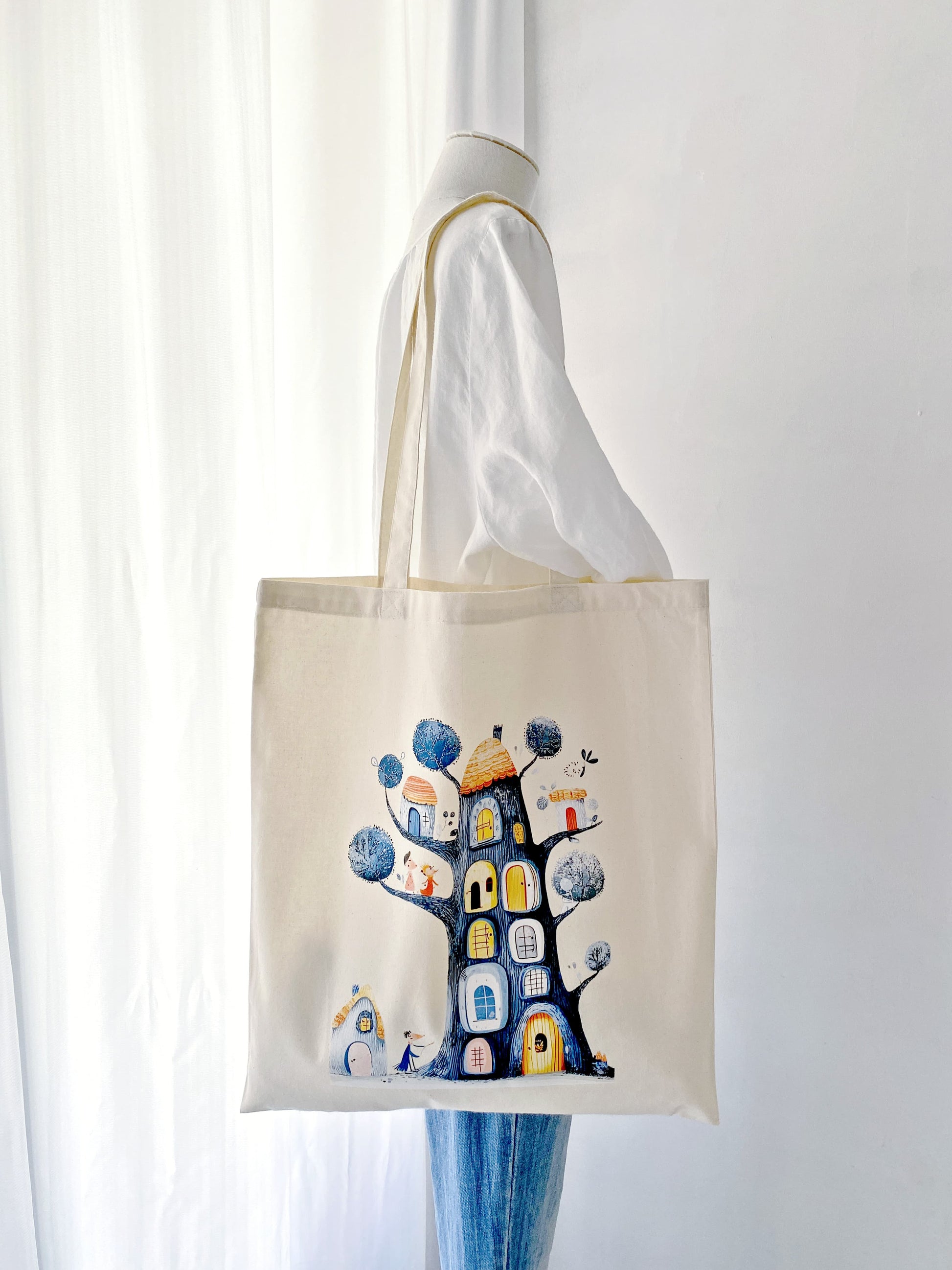 soft cotton tote with artistic treehouse hand print