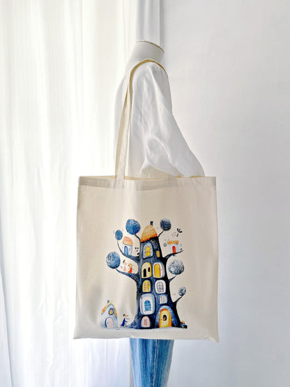 soft cotton tote with artistic treehouse hand print