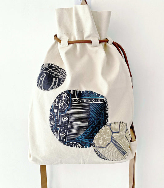 durable cotton backpack with creative hand-sewn patchwork pattern