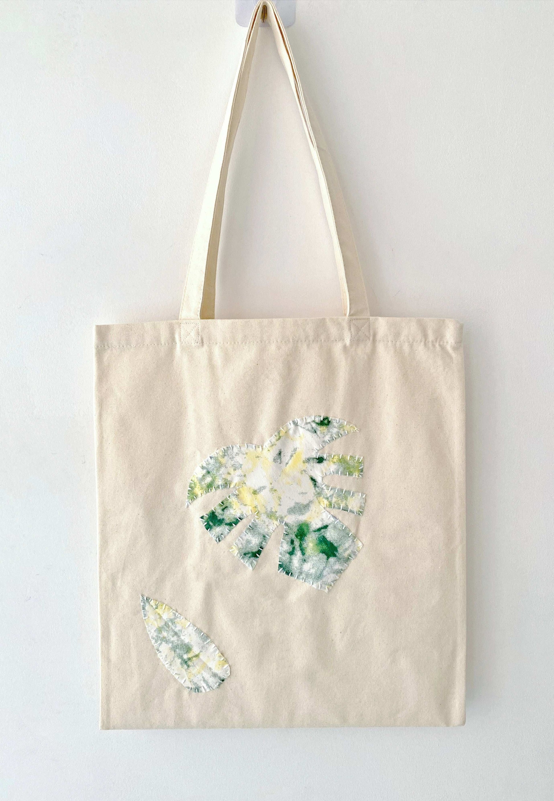 Durable eco canvas tote with leaf patchwork