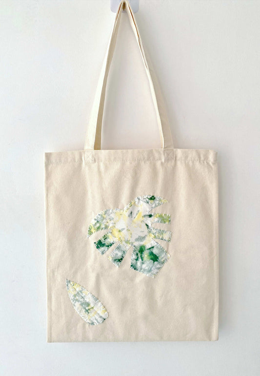 Durable eco canvas tote with leaf patchwork