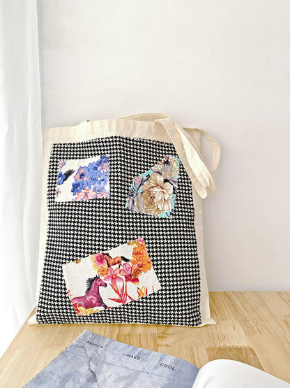 eco-friendly cotton canvas tote bag with hand-stitched patchwork design