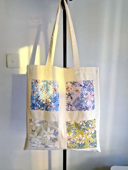 minimalist canvas shopper bag with diy patchwork decoration for gifting or daily use