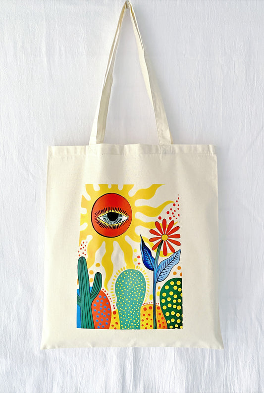 eco-friendly cotton tote with cactus bloom print