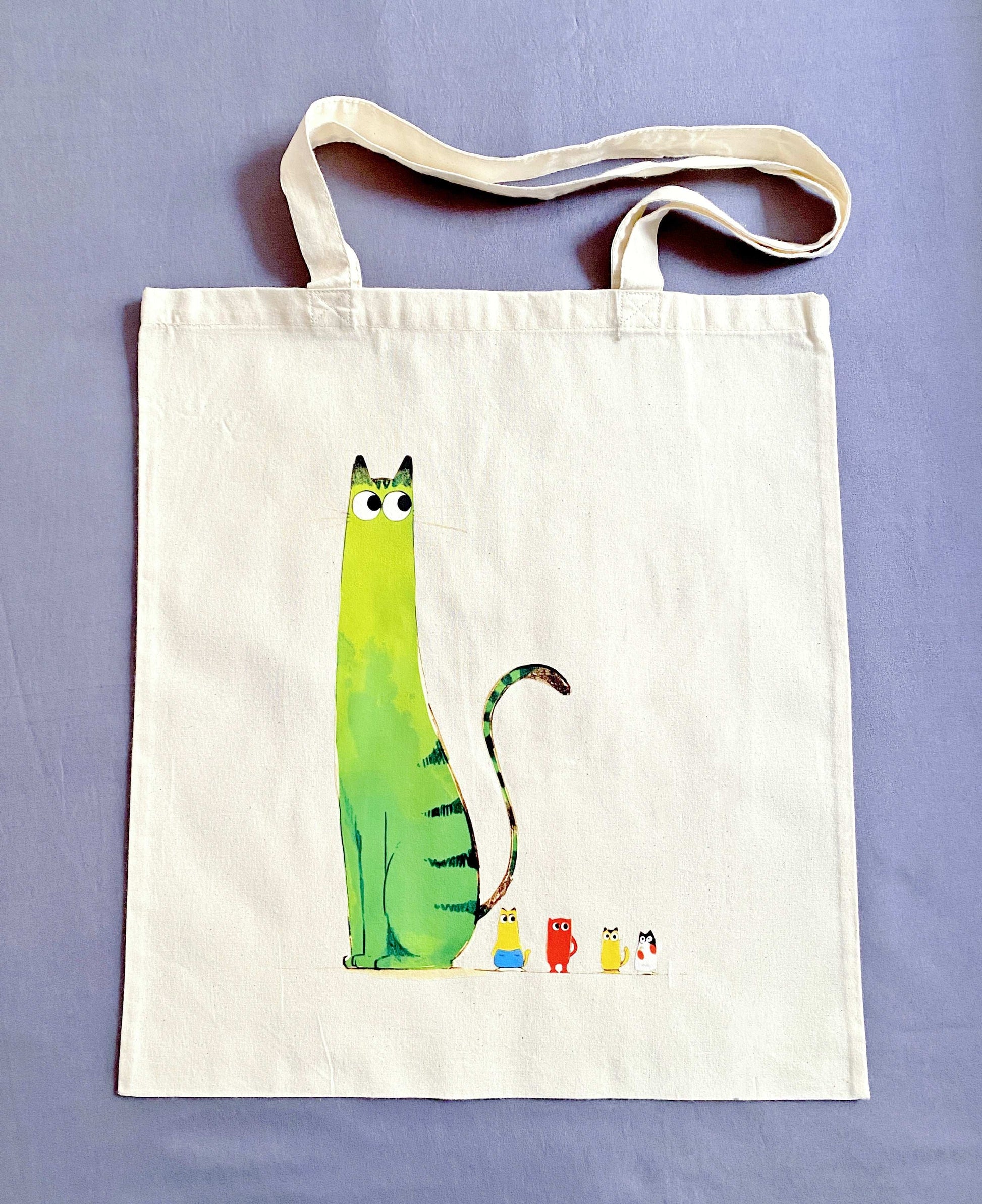 eco-friendly cotton tote bag with handmade cat print design