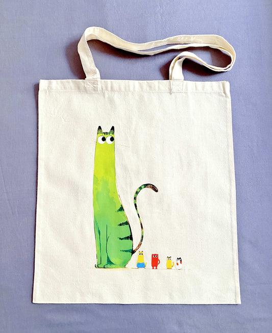 eco-friendly cotton tote bag with handmade cat print design