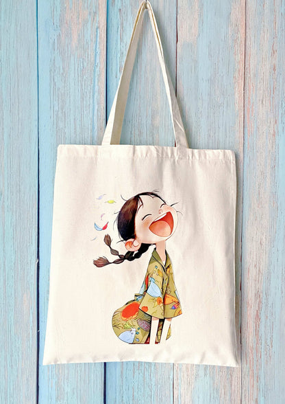 A minimalist eco cotton tote bag with a hand-printed happy girl design, ideal for slow living and everyday use