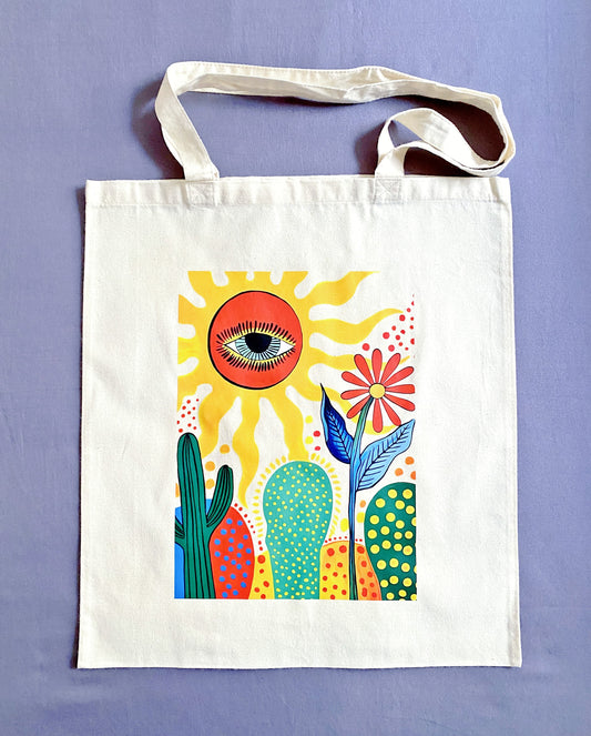 Eco-conscious large capacity cotton tote bag featuring a unique cactus sun illustration