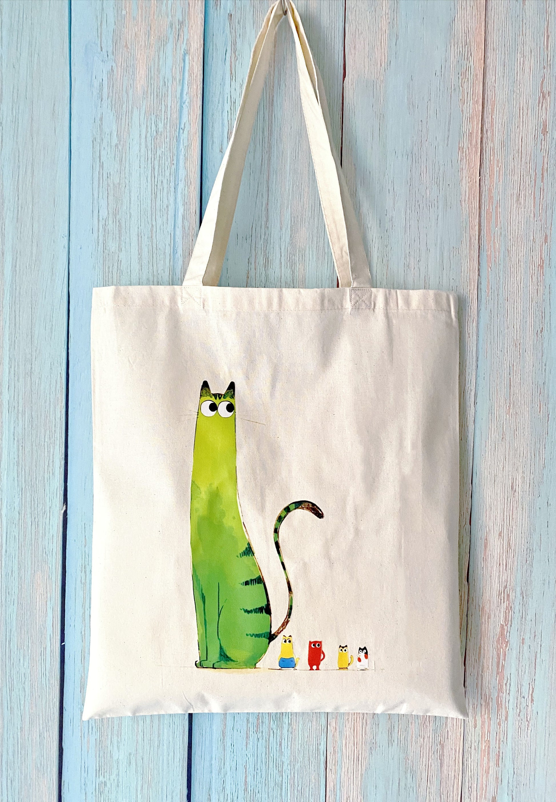 eco-friendly cotton tote bag with hand-printed kitty design for daily use