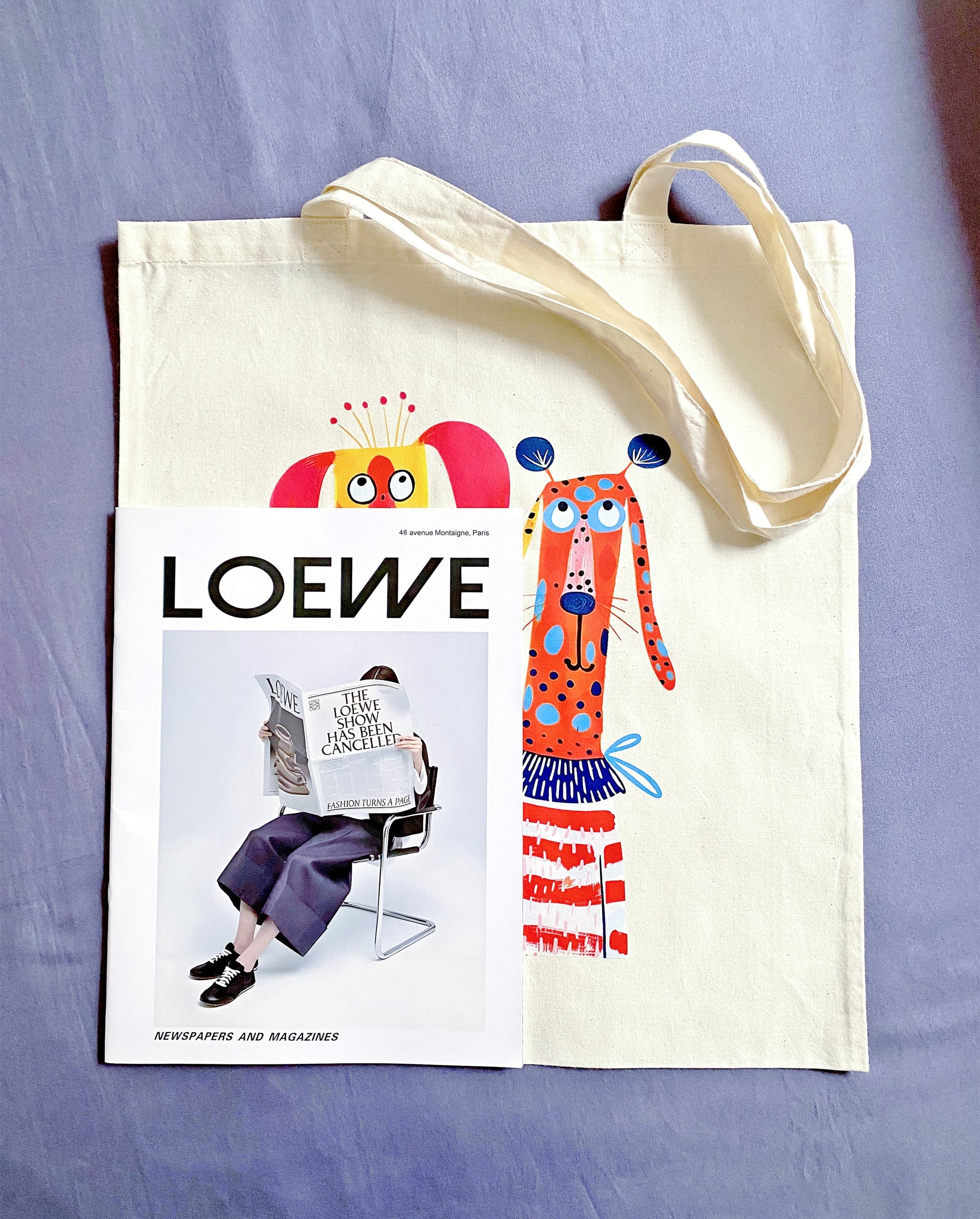 Sustainable fabric tote with hand-printed puppy artwork, perfect for pet lovers