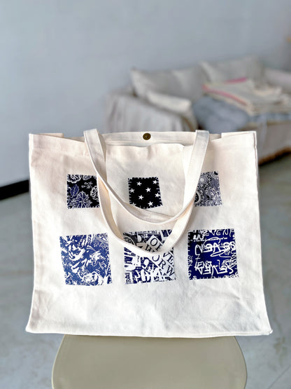 Creative women's canvas tote bag with handmade patchwork, eco-friendly natural materials