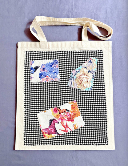 Eco-friendly canvas tote bag with creative handmade patchwork pattern for slow living lifestyle