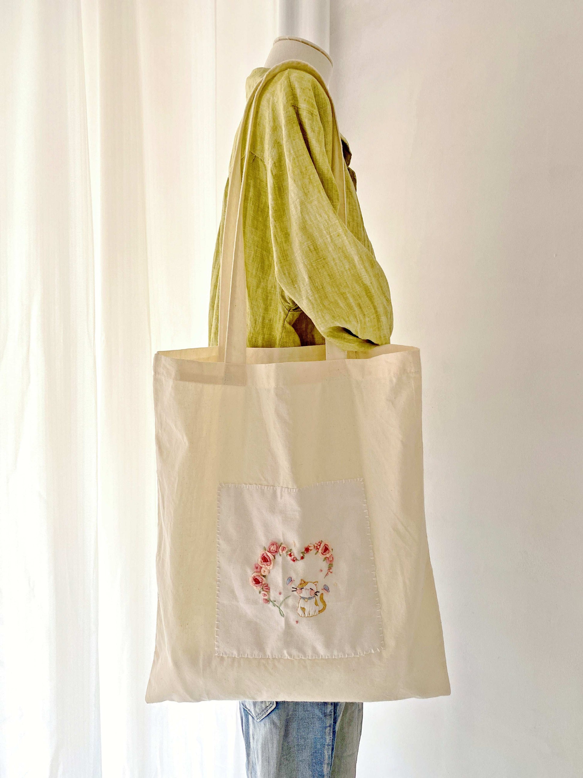 Unique kitty embroidered gift tote