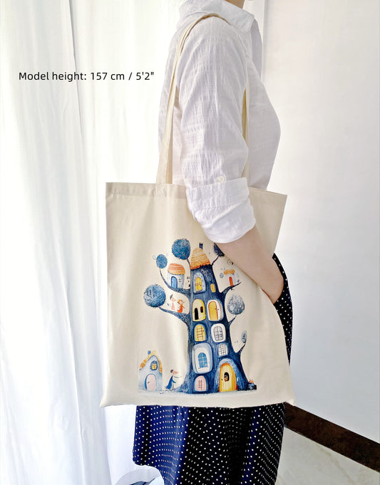 natural cotton fabric tote with treehouse illustration