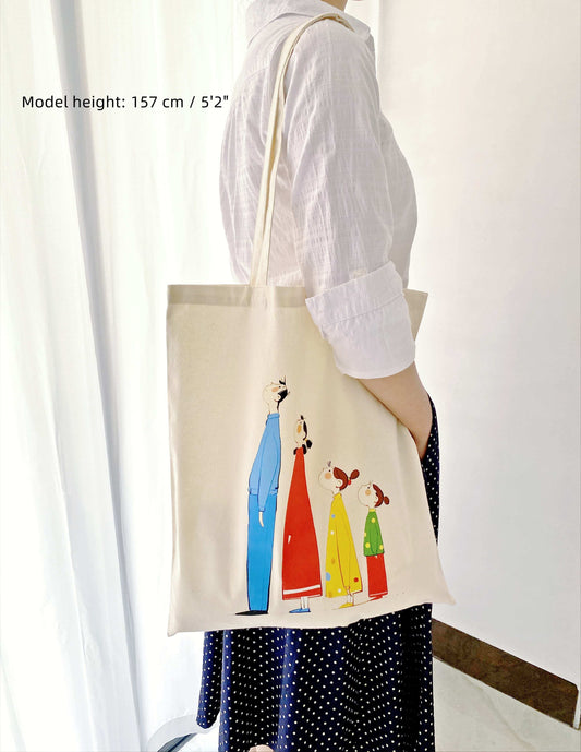 hand-printed family illustration shoulder bag