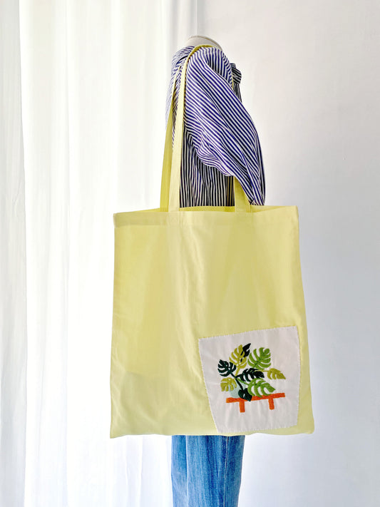 slow fashion cotton tote with handcrafted flower embroidery