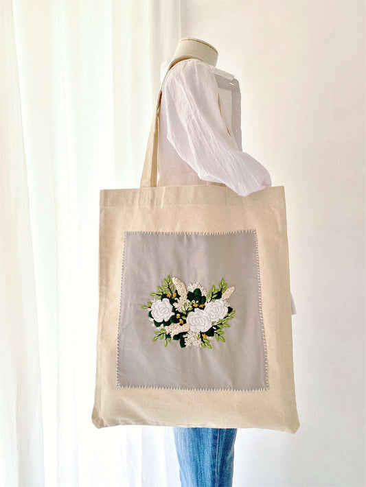 simple organic canvas tote with handmade flower embroidery