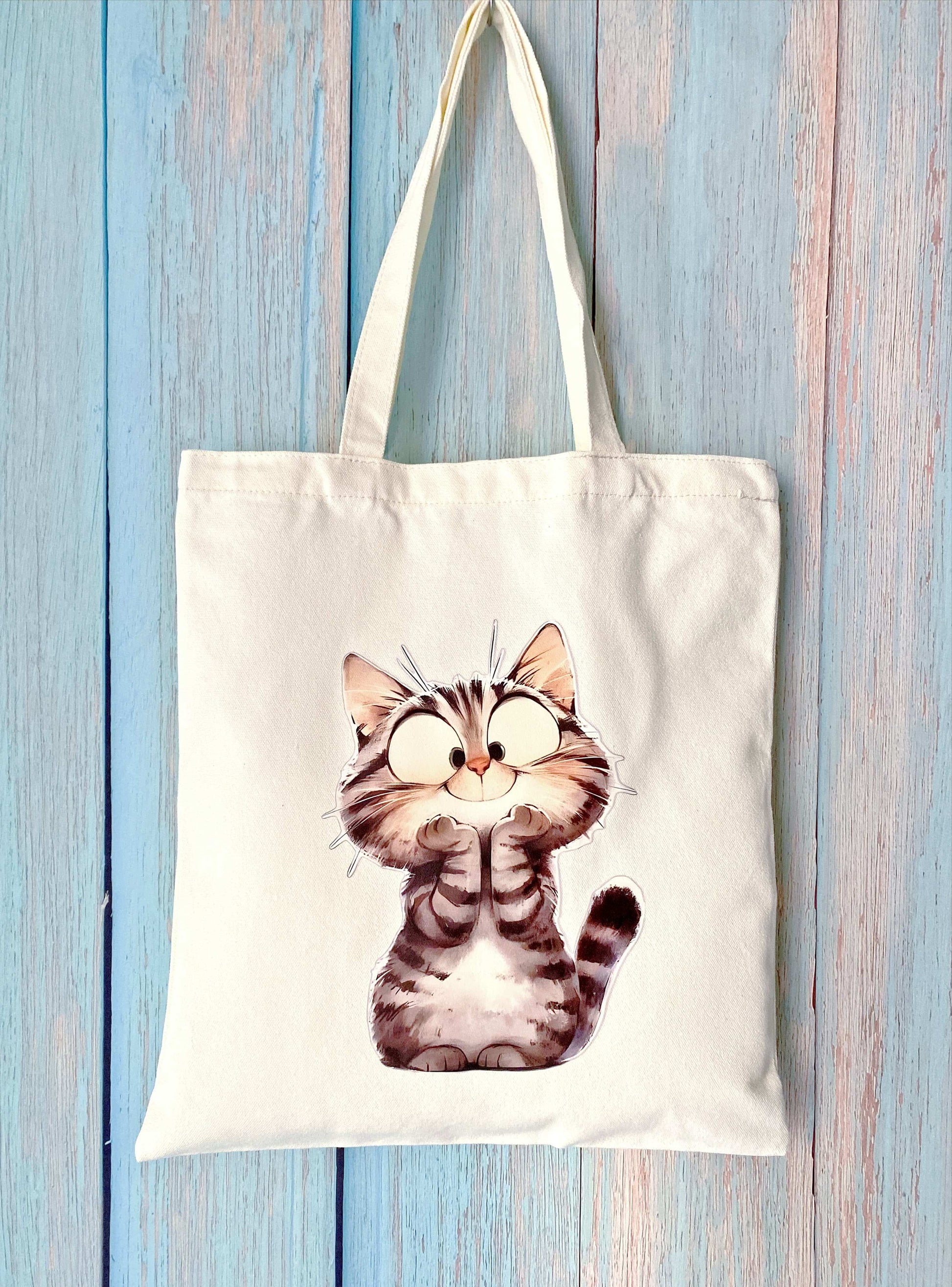 Gift idea for cat lovers — eco-friendly large tote bag with hand-printed feline design
