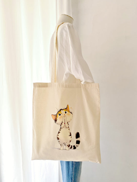hand-dyed cat illustration on cotton bag