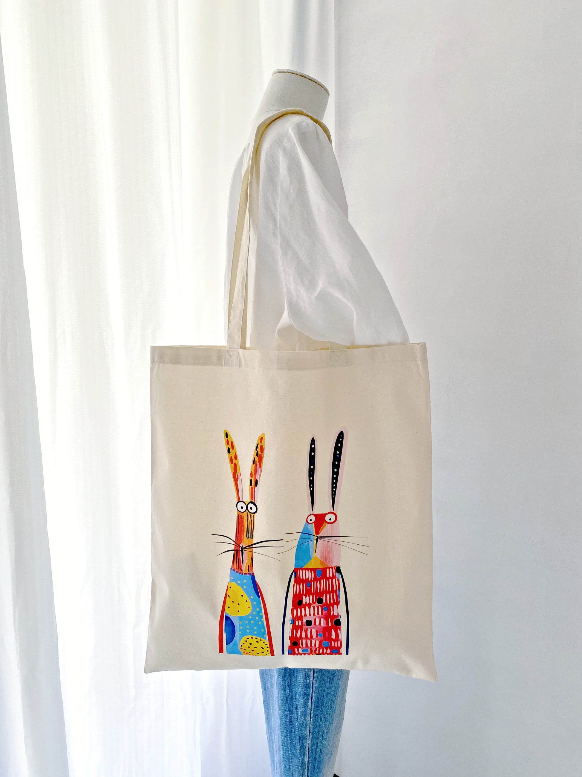 handmade bunny print on natural cotton bag