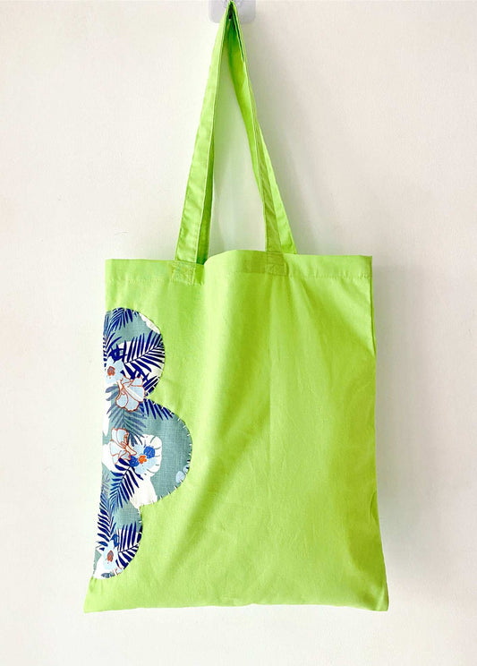 green organic cotton tote with handmade patchwork