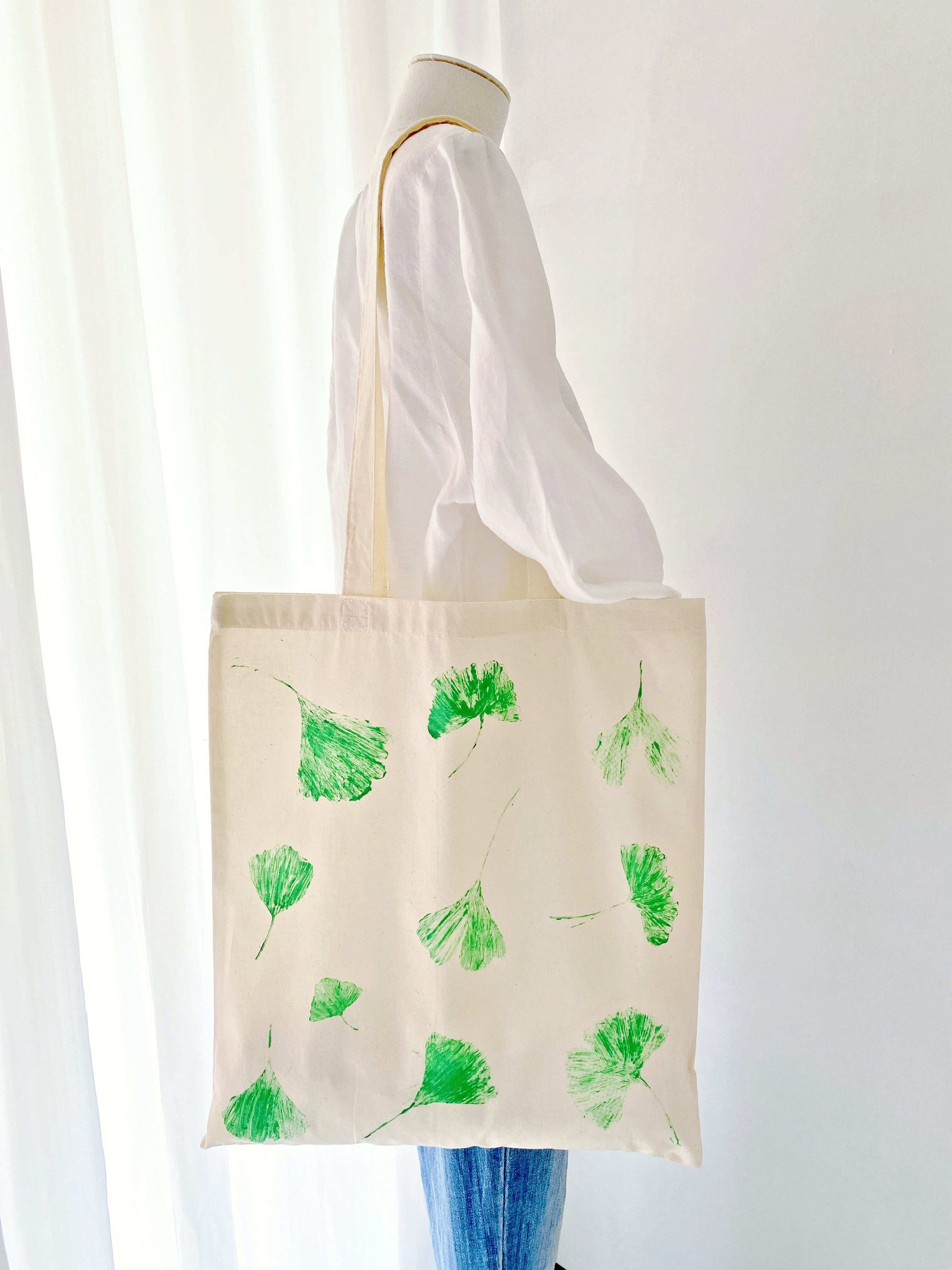 Artistic leaf print cotton bag for slow living lifestyle