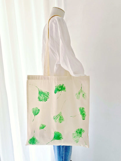 Artistic leaf print cotton bag for slow living lifestyle