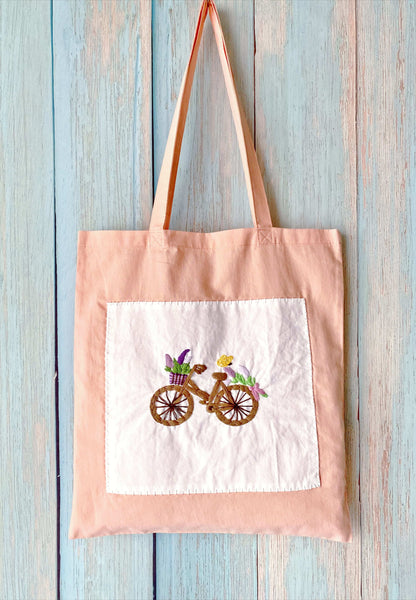 unique embroidered cotton tote with bicycle and flowers motif, stylish eco conscious bag perfect for daily use or thoughtful handmade gift