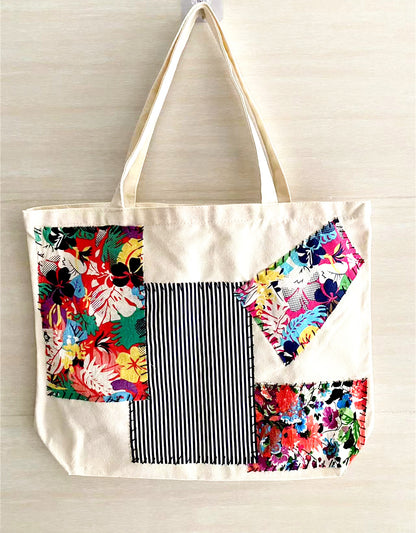 Stylish Large Canvas Tote Bag with Hand-Sewn Patchwork for Daily Essentials