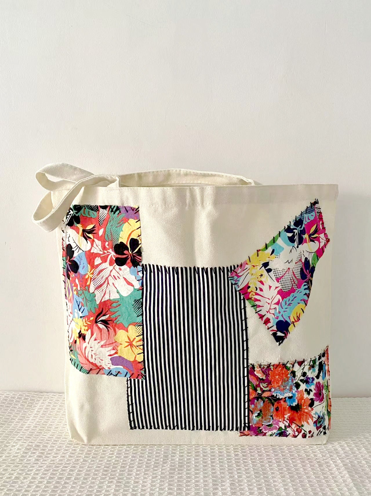 Sustainable Reusable Canvas Tote Bag with Hand-Sewn Patchwork Patterns