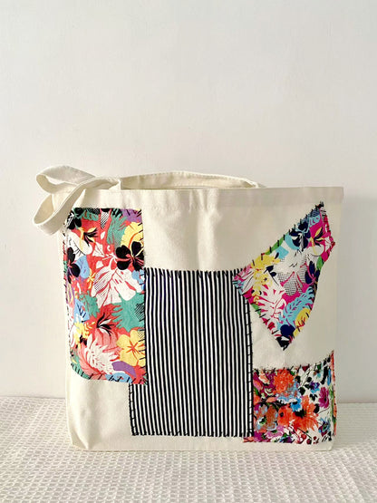 Sustainable Reusable Canvas Tote Bag with Hand-Sewn Patchwork Patterns