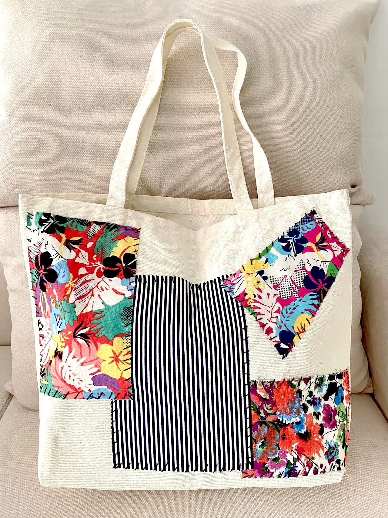 Durable and Reusable Eco-Friendly Canvas Bag with Artistic DIY Patchwork Design