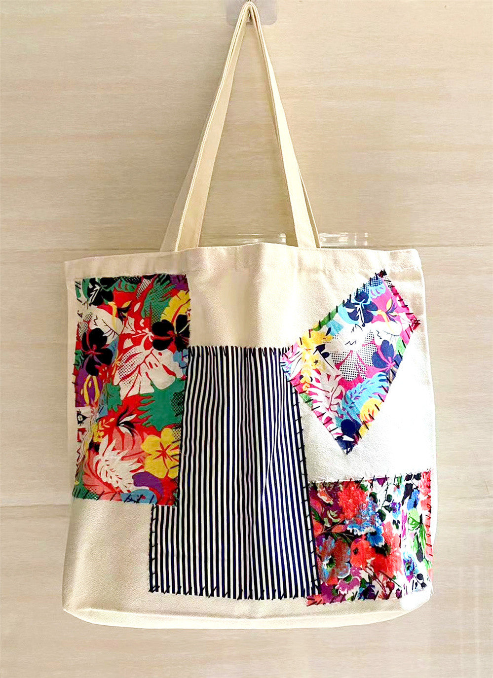 Personalized Durable Canvas Tote Bag with Unique Diy Patchwork Design for Shopping