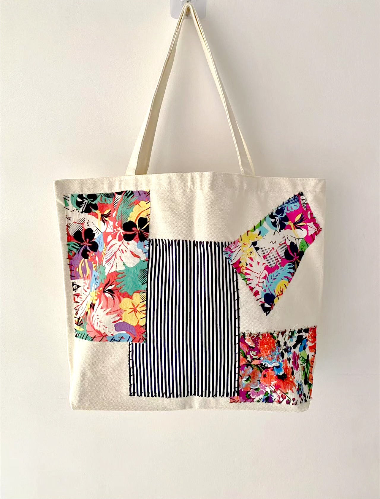 Sustainable and Personalized Patchwork Canvas Tote Bag for Hand Carry or Shoulder Use